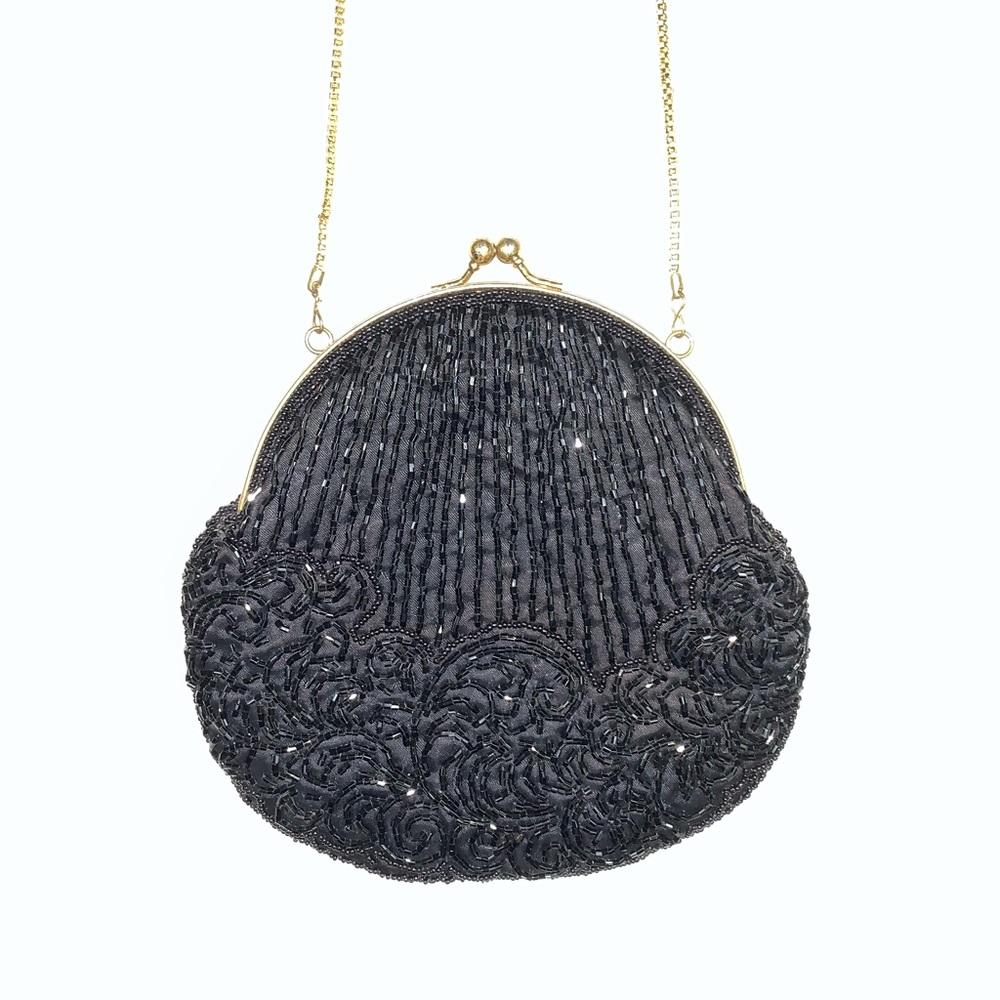 Vintage Black Beaded Evening Clutch Purse w/ Chain